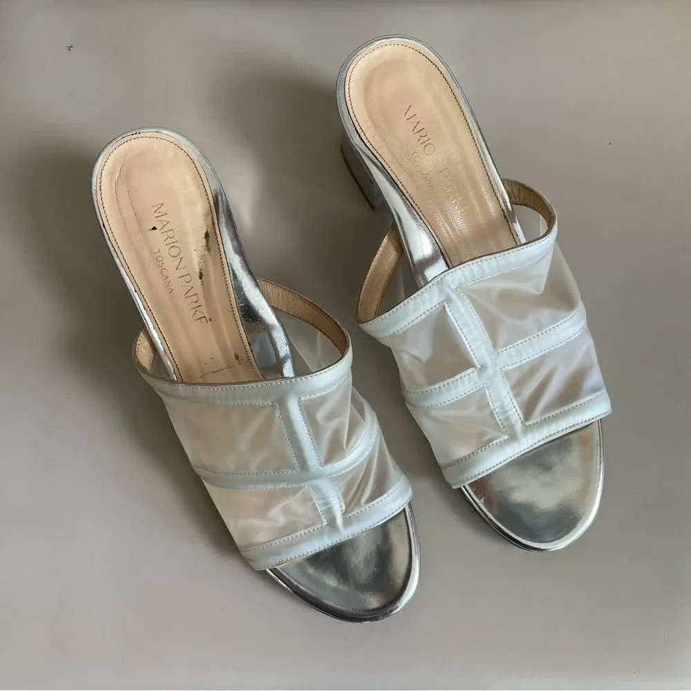 MARION PARKE- Bea Slides Block Heel Silver Metallic Vinyl Women’s Size 39.5